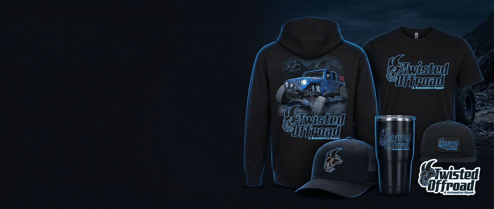 Twisted Offroad hoodie with blue Jeep Gladiator, t-shirt, hats, tumbler and sticker
